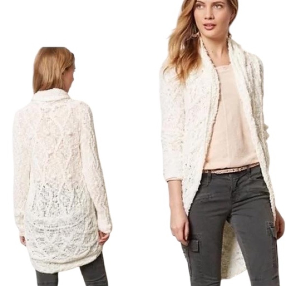 Anthropologie Knitted & Knotted Ivory Cable Knit Pompom Circle Cocoon Cardigan S